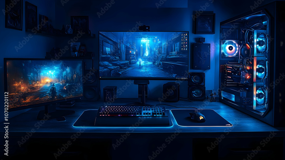 Gaming Setup with RGB Lighting and Futuristic Game on Display Gaming Setup with RGB Lighting and Futuristic Game on Display
