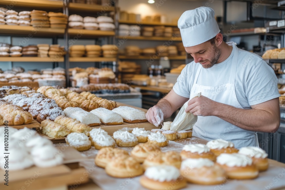 Professional baker decorating pastries in a busy bakery. Generative AI Professional baker decorating pastries in a busy bakery. Generative AI