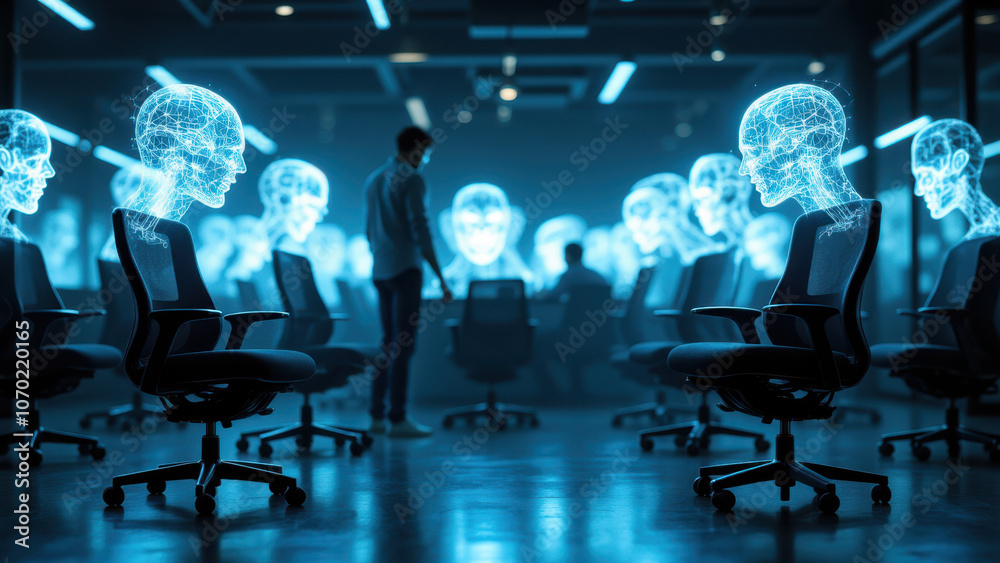 A man standing amidst rows of robotic heads with screens displaying human-like figures.