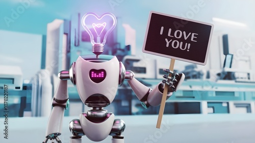 A friendly robot with a heart-shaped lightbulb head holds a sign that says 