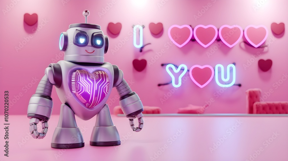 A charming robot stands in a pink room, neon A charming robot stands in a pink room, neon