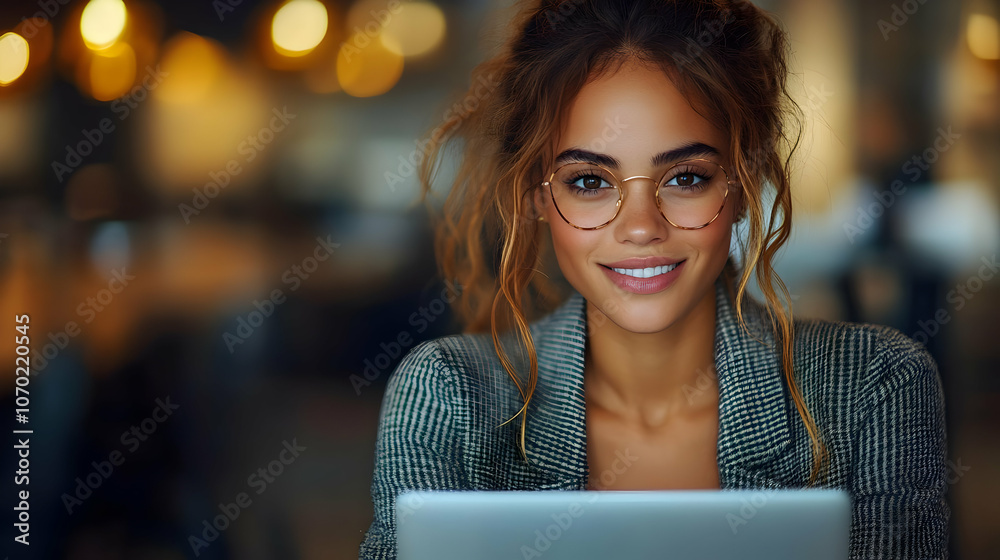Smiling Woman in Glasses Working on Laptop - Photo Smiling Woman in Glasses Working on Laptop - Photo
