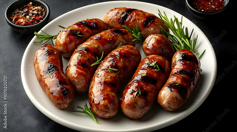 Grilled Sausages with Rosemary on White Plate - Realistic Photo Grilled Sausages with Rosemary on White Plate - Realistic Photo