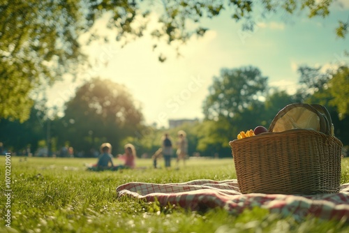 picnic in a sunny park, with a picnic blanket, basket, and children playing in the background