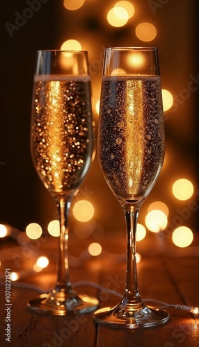 Two champagne flutes filled with sparkling wine against a bokeh light background 