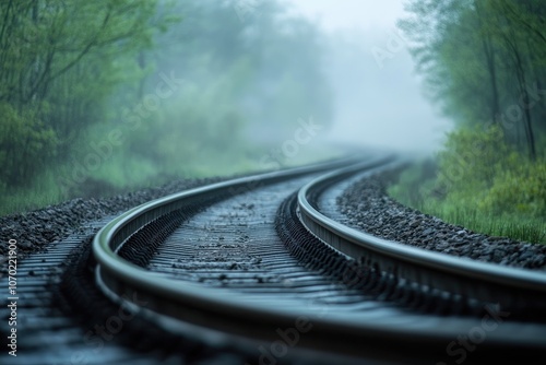 A train track is winding its way through a fogladen forest photo