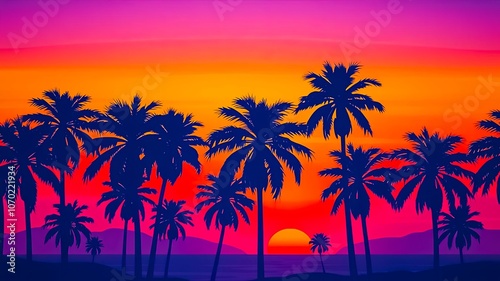 Silhouettes of Palm Trees Standing Tall Against a Vibrant Sunset Sky, Creating a Serene Tropical Landscape