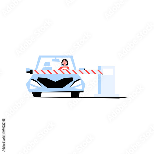 Car At Toll Gate With Driver In Flat Vector Illustration Symbolizing Road Travel, Transportation, And Toll Payment, Isolated On White Background