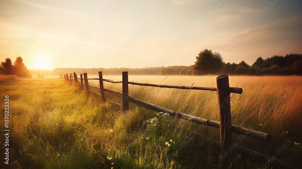 Fototapeta premium Serene Sunset Over Pastoral Landscape with Wooden Fence