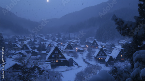 月明かりに浮かぶ白川郷の合掌造り photo