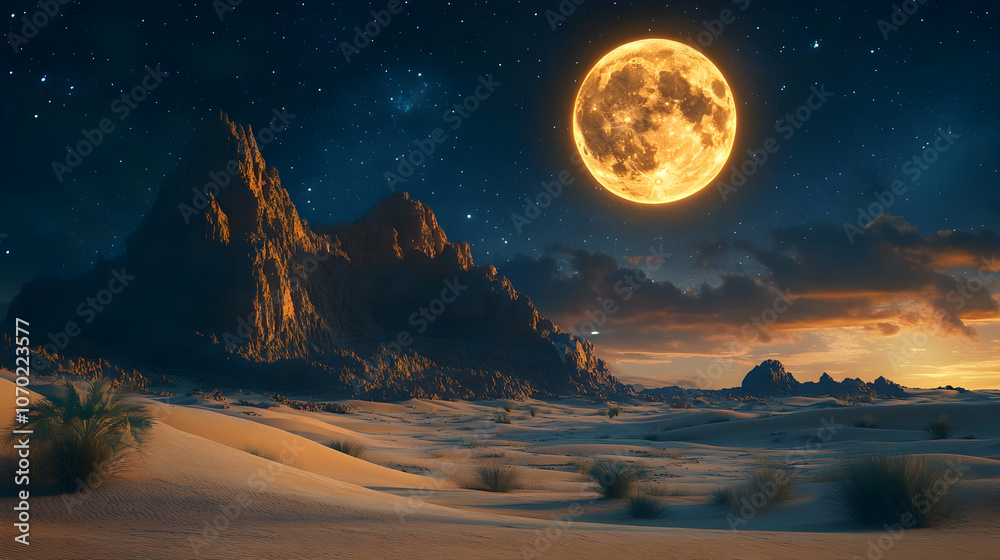 Naklejka premium Desert Night with Full Moon and Mountain Illustration