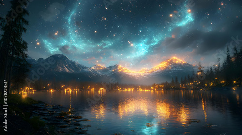 Mountain Lake Night Sky Illustration