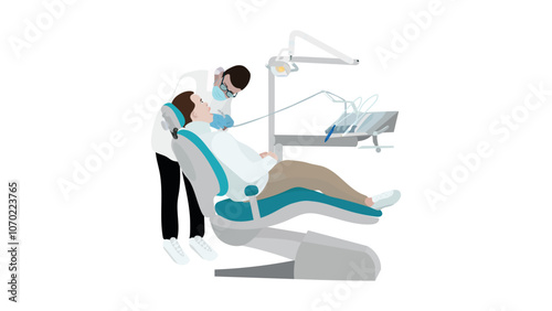 Doctor and young man patient in dental chair. Dental care treatment concept. Healthcare, stomatology clinic.  Patient tooth cleaning.Checkup health teeth. isolated on white