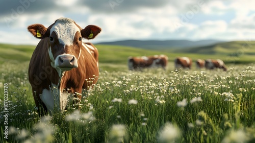 Brown and White Cow in a Field of Green Grass and White Flowers photo