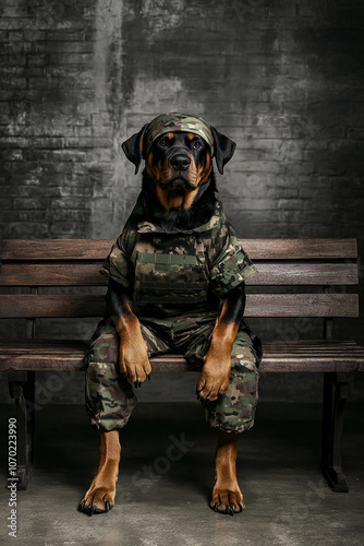 A Rottweiler Dog dressed as a Military Soldier in combat weart