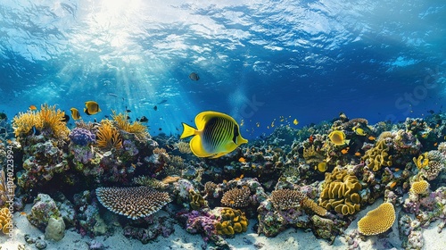 A vibrant coral reef teeming with colorful fish and sunlight streaming through the water.