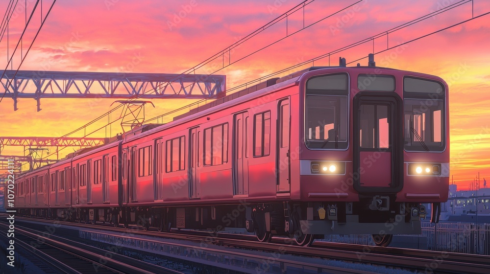 Fototapeta premium A vibrant train travels through a colorful sunset, surrounded by power lines