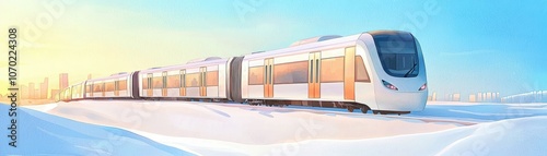 A sleek train travels through a snowy landscape under a bright sky