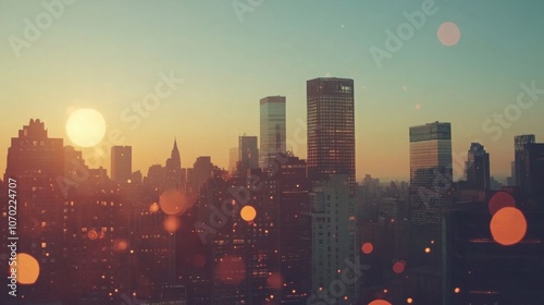 City skyline during sunset with glowing lights and a warm atmosphere.