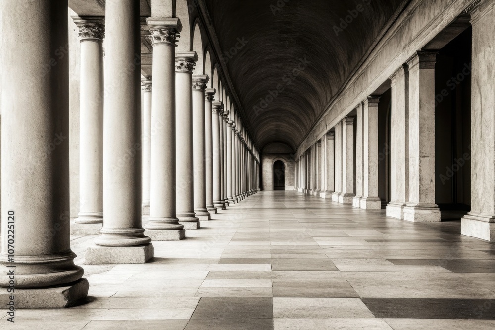 Elegant corridor with classic columns and tiled floor, minimalistic style. Elegant corridor with classic columns and tiled floor, minimalistic style.