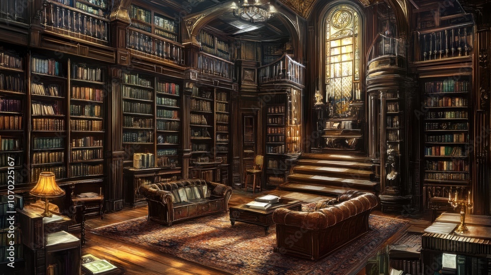 Elegant library interior with wooden shelves and cozy seating. Elegant library interior with wooden shelves and cozy seating.