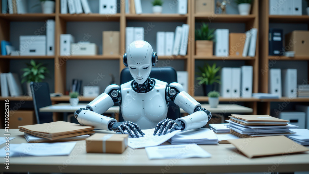 Robot sitting at a desk with paperwork, integrated into an office environment. Robot sitting at a desk with paperwork, integrated into an office environment.