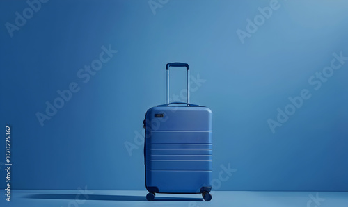 Minimalist plain blue background for product photography, with just one object of luggage as the highlight