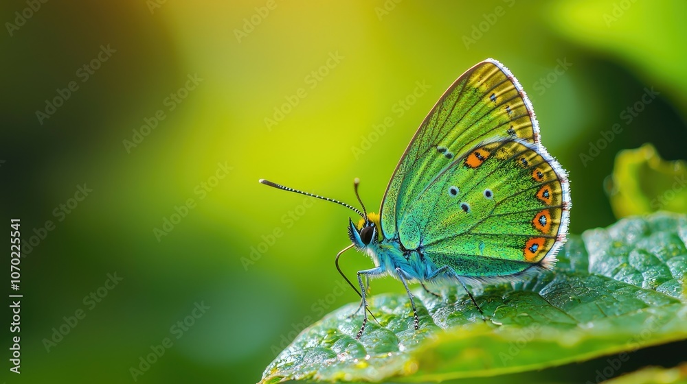 Obraz premium A vibrant green butterfly with orange markings rests on a green leaf.