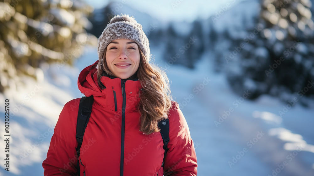 Smiling woman in a red jacket enjoying a winter hike in a snowy landscape