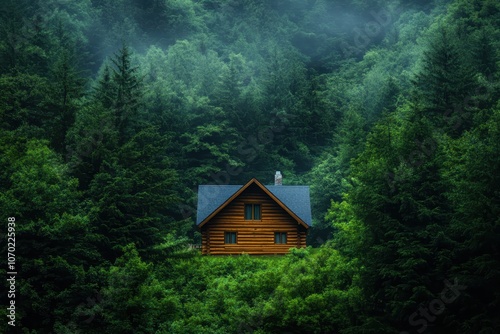 Enchanting morning mist envelops a rustic log cabin, creating a serene and dynamic atmosphere in nature.