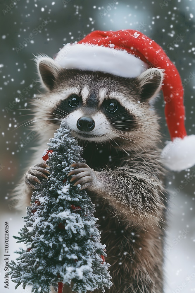 Raccoon wearing a Santa hat and holding a Christmas while it's snowing
