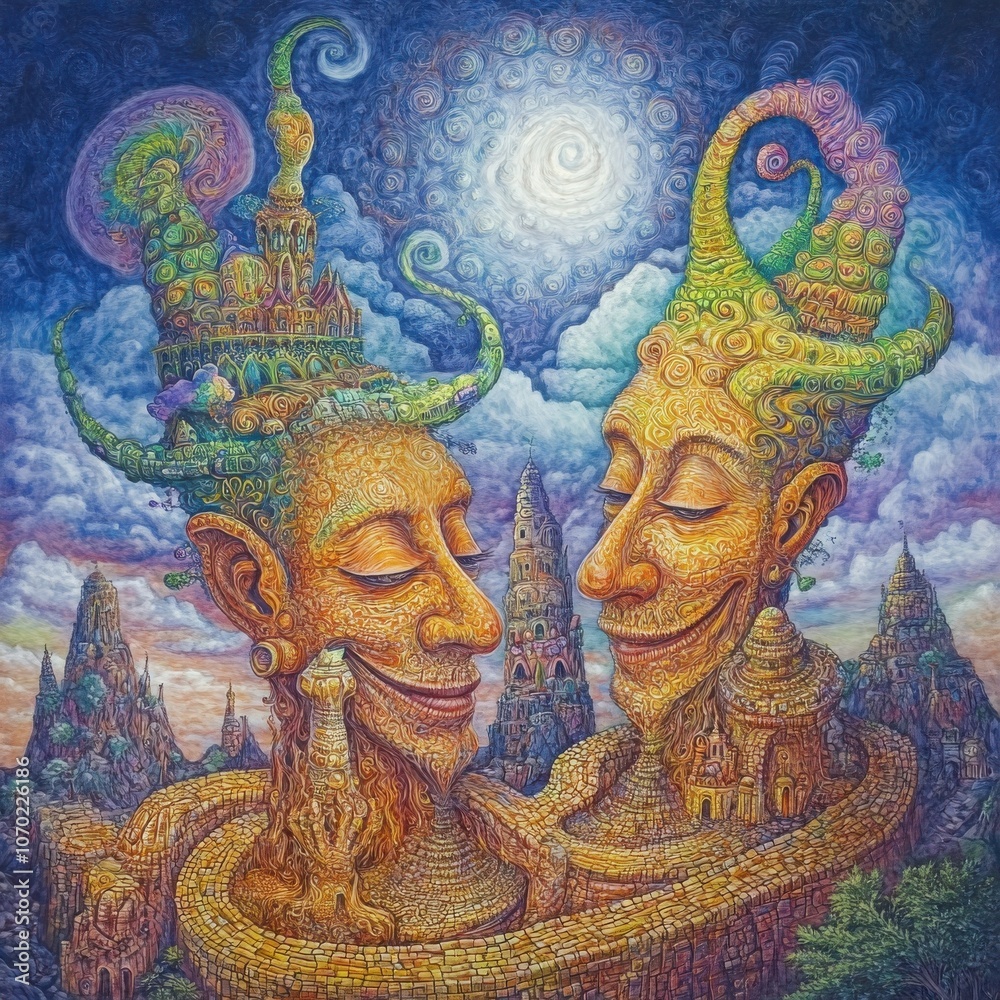 Obraz premium Surreal artwork depicting two figures entwined with nature and architecture.