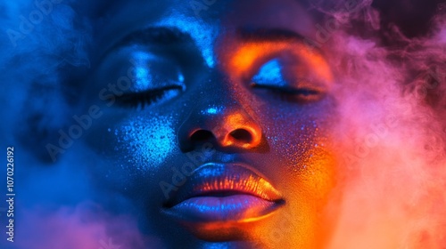 A woman's face is illuminated by a blue and orange light, creating a surreal