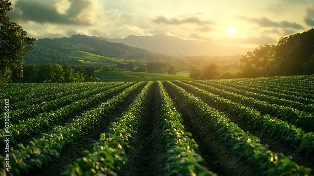 Green field rows stretching toward mountains in early sunrise glow picture Green field rows stretching toward mountains in early sunrise glow picture
