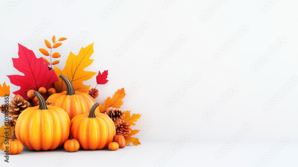 Thanksgiving and holidays, Autumn pumpkins with colorful leaves and pine cones create festive Thanksgiving centerpiece, perfect for seasonal decor and celebrations Thanksgiving and holidays, Autumn pumpkins with colorful leaves and pine cones create festive Thanksgiving centerpiece, perfect for seasonal decor and celebrations
