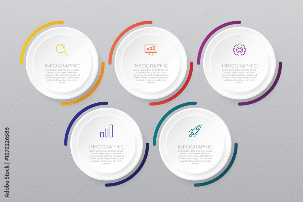 Business infographic template, circle shape with 5 options or steps icons.