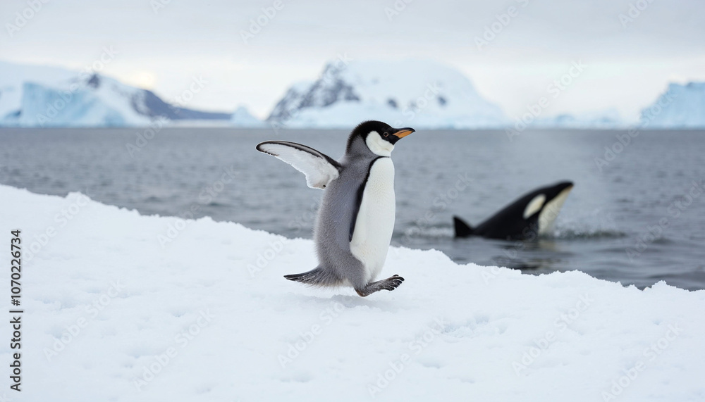 Naklejka premium Emperor penguin chick is flapping its wings while jumping off a snowy hill playful with a breaching endangered orca in the Salish Sea set against a serene backdrop of the Antarctic