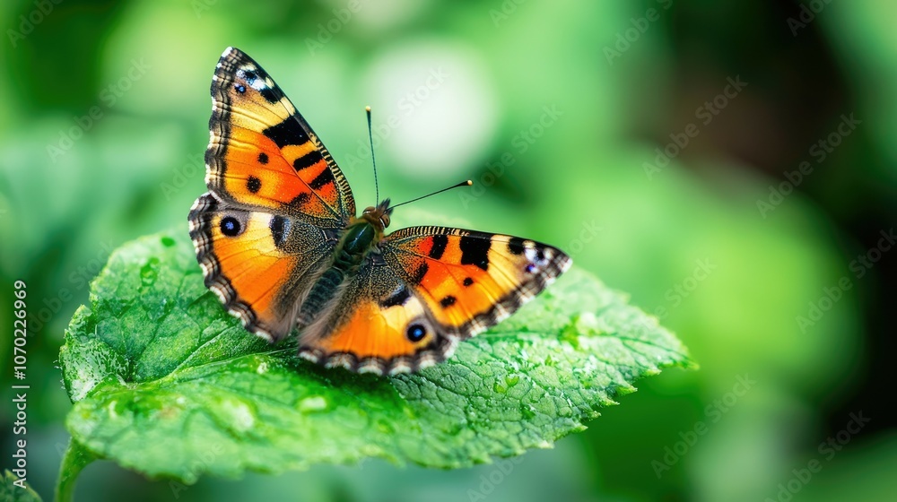 A vibrant orange and black butterfly with delicate wings rests on a green leaf, its beauty highlighted against a soft, blurred background. A vibrant orange and black butterfly with delicate wings rests on a green leaf, its beauty highlighted against a soft, blurred background.