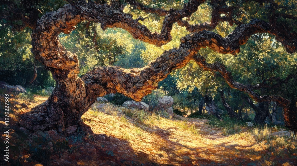 Ancient Oak Tree in Sunlit Forest Ancient Oak Tree in Sunlit Forest