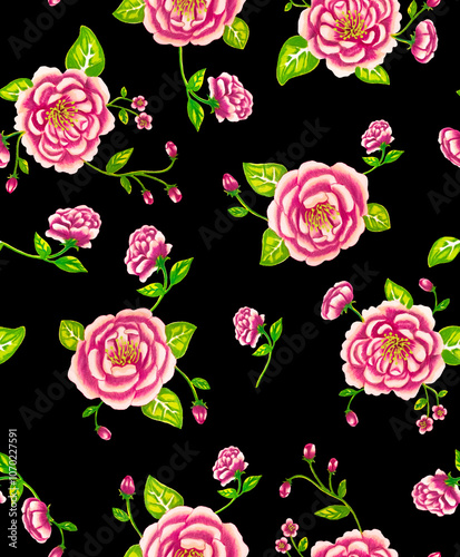 seamless pattern with roses and black background