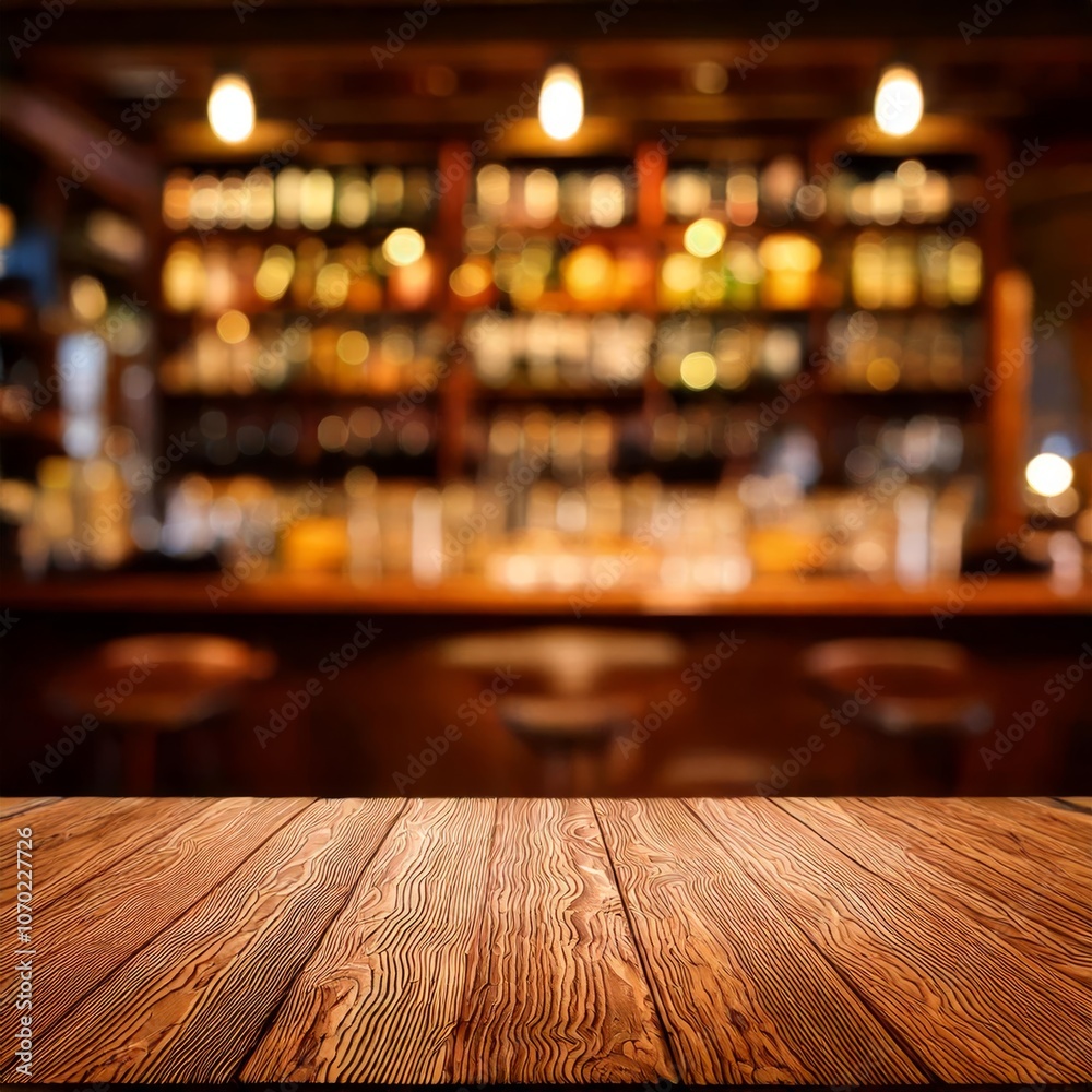 Rustic Bar Tabletop: A rustic wooden tabletop with a blurred backdrop of a cozy bar, perfect for showcasing your drinks, snacks, or other products. Rustic Bar Tabletop: A rustic wooden tabletop with a blurred backdrop of a cozy bar, perfect for showcasing your drinks, snacks, or other products.