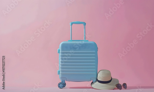 A blue suitcase with sunglasses and a hat on the wheels stands against a pastel background