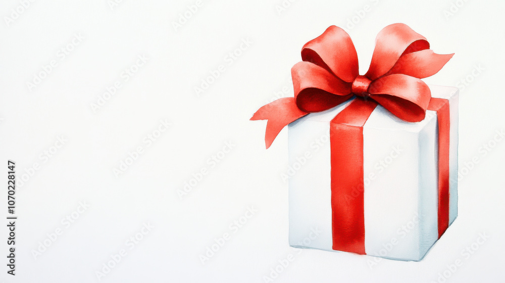 Obraz premium Christmas winter and holidays, beautifully wrapped gift box with red ribbon and bow, perfect for celebrations and special occasions
