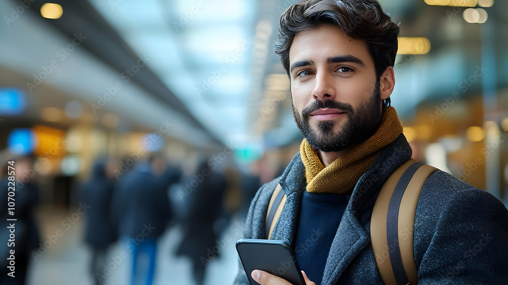 Fototapeta premium Man in a coat and scarf holding a phone in a modern building photo