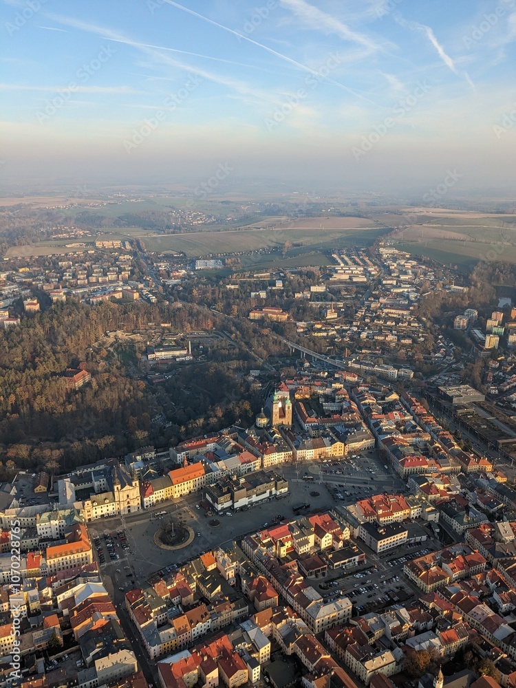 Obraz premium Aerial panorama of Jihlava city center, highlighting historical landmarks, urban architecture, and the vibrant cultural heart of this Moravian town.