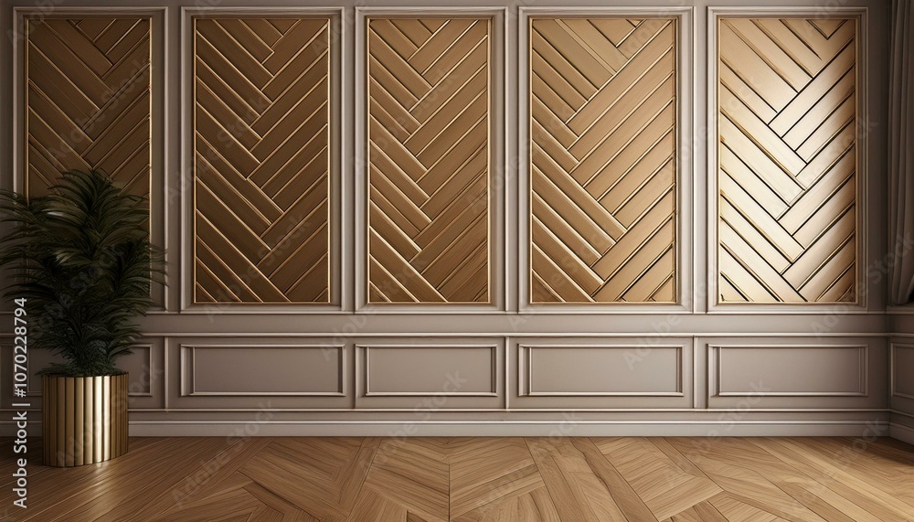 3D digital rendering of a classic interior wall with elegant moldings and contemporary herringbone parquet wallpaper 3D digital rendering of a classic interior wall with elegant moldings and contemporary herringbone parquet wallpaper