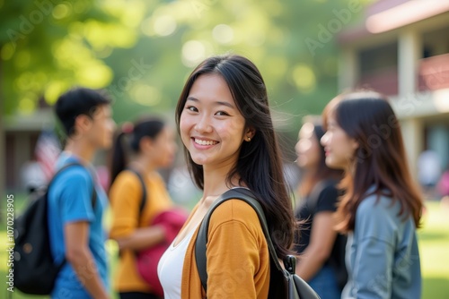 Happy Asian Student Smiling in Campus Green Area Surrounded by Friends in Casual Outfits