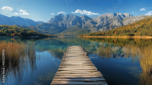 Serene Mountain Lake with Wooden Dock