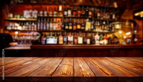 Rustic Bartop with Blurred Background: A rich, dark wooden table sits in front of a softly blurred background of a well-stocked bar, perfect for showcasing products or creating a mood. 