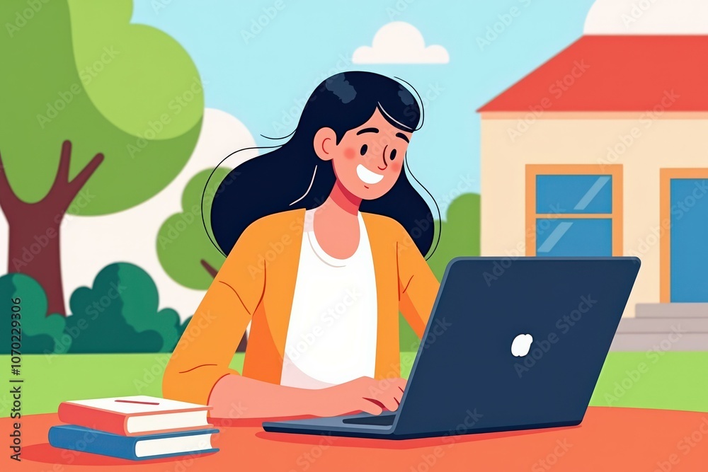 Happy Student Working on Laptop in Park Setting: Ideal for Educational and Motivational Content Happy Student Working on Laptop in Park Setting: Ideal for Educational and Motivational Content